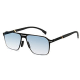 Men double bridge photochromic sunglasses matte black metal frame blue photochromic lens, 21.1g ultra‑light no‑screw spring hinge no‑pinch fit