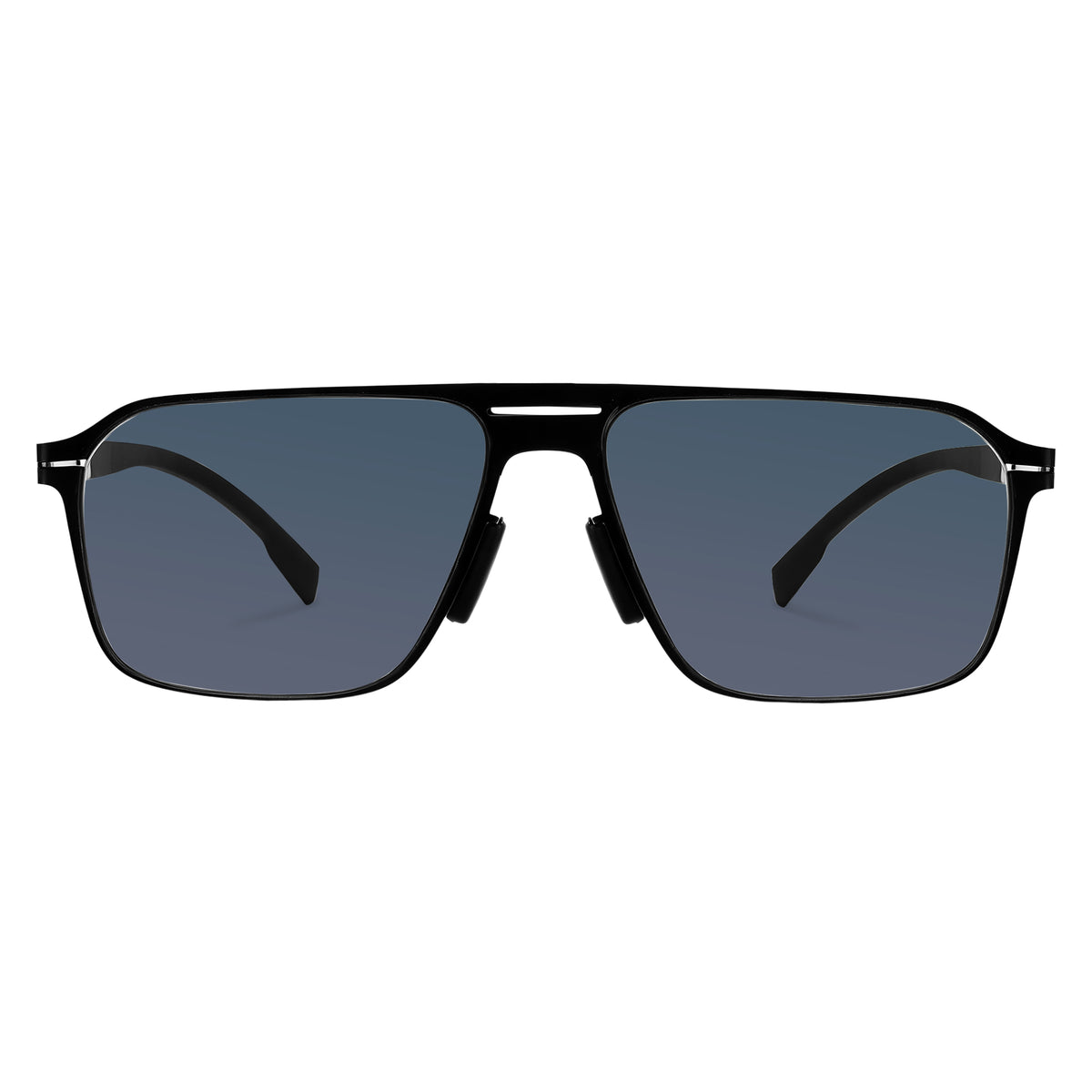 Men double bridge photochromic sunglasses matte black metal frame blue photochromic lens, 21.1g ultra‑light no‑screw spring hinge no‑pinch fit