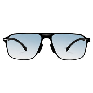 Men double bridge photochromic sunglasses matte black metal frame blue photochromic lens, 21.1g ultra‑light no‑screw spring hinge no‑pinch fit