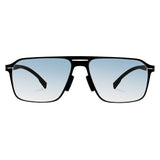 Men double bridge photochromic sunglasses matte black metal frame blue photochromic lens, 21.1g ultra‑light no‑screw spring hinge no‑pinch fit