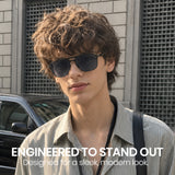 Men double bridge photochromic sunglasses matte black metal frame blue photochromic lens, 21.1g ultra‑light no‑screw spring hinge no‑pinch fit