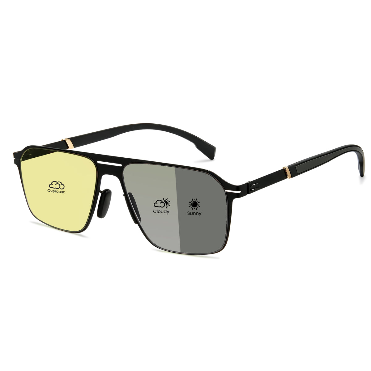 Men double bridge photochromic sunglasses matte black metal frame yellow photochromic lens, 21.1g ultra‑light no‑screw spring hinge no‑pinch fit