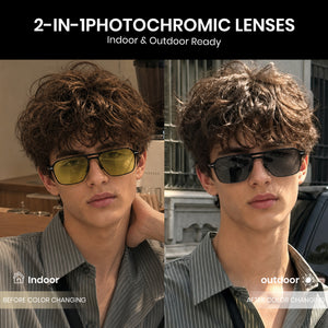 Men double bridge photochromic sunglasses matte black metal frame yellow photochromic lens, 21.1g ultra‑light no‑screw spring hinge no‑pinch fit