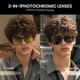 Men double bridge photochromic sunglasses matte black metal frame yellow photochromic lens, 21.1g ultra‑light no‑screw spring hinge no‑pinch fit