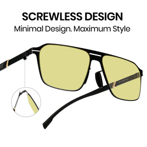 Men double bridge photochromic sunglasses matte black metal frame yellow photochromic lens, 21.1g ultra‑light no‑screw spring hinge no‑pinch fit
