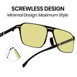 Men double bridge photochromic sunglasses matte black metal frame yellow photochromic lens, 21.1g ultra‑light no‑screw spring hinge no‑pinch fit