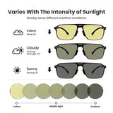 Men double bridge photochromic sunglasses matte black metal frame yellow photochromic lens, 21.1g ultra‑light no‑screw spring hinge no‑pinch fit