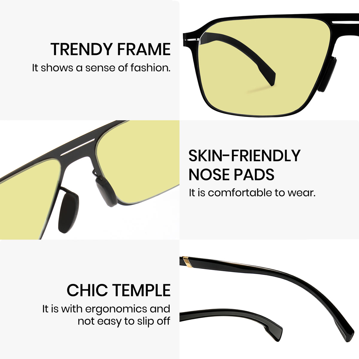 Men double bridge photochromic sunglasses matte black metal frame yellow photochromic lens, 21.1g ultra‑light no‑screw spring hinge no‑pinch fit