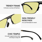 Men double bridge photochromic sunglasses matte black metal frame yellow photochromic lens, 21.1g ultra‑light no‑screw spring hinge no‑pinch fit