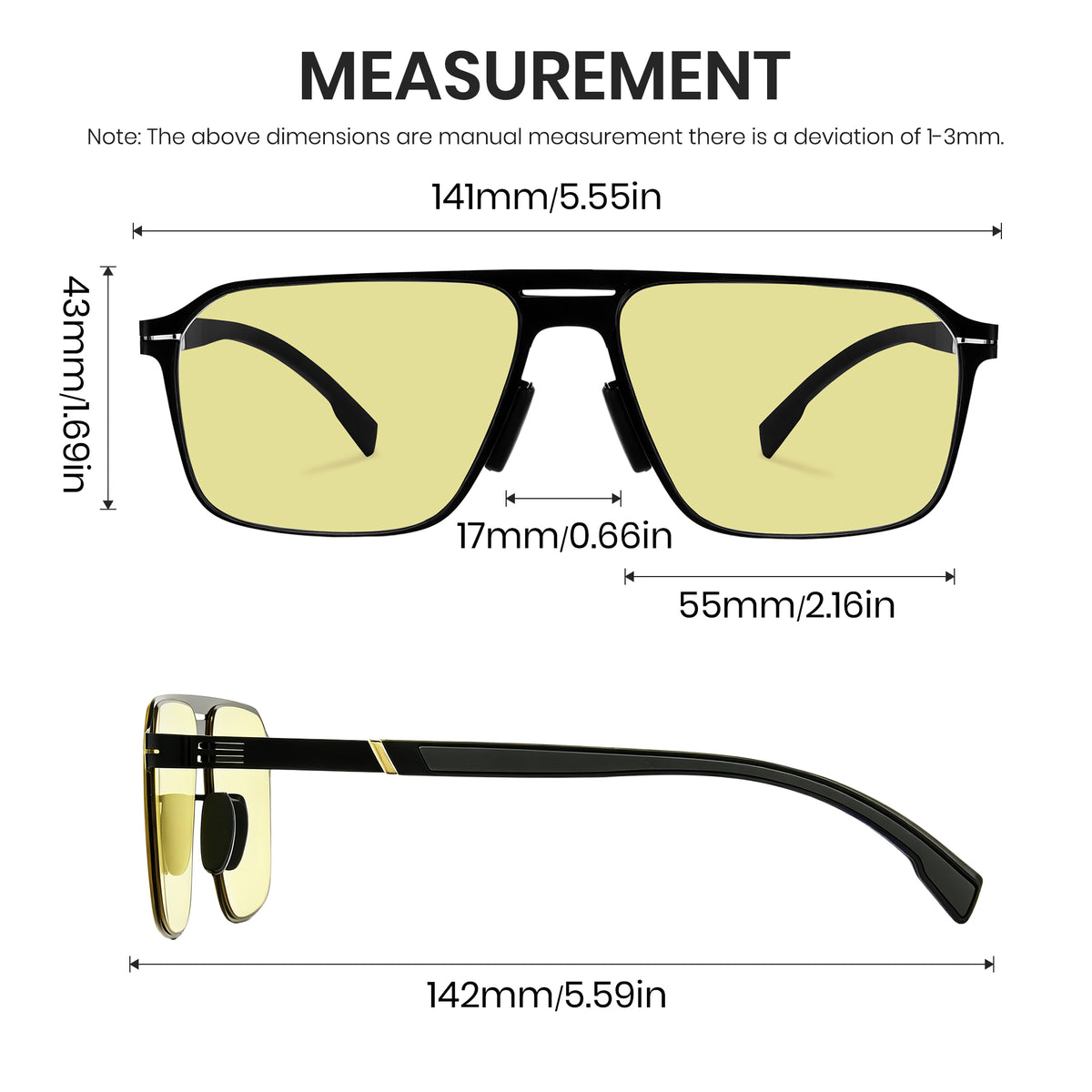 Men double bridge photochromic sunglasses matte black metal frame yellow photochromic lens, 21.1g ultra‑light no‑screw spring hinge no‑pinch fit