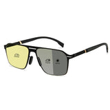 Men double bridge photochromic sunglasses matte black metal frame yellow photochromic lens, 21.1g ultra‑light no‑screw spring hinge no‑pinch fit