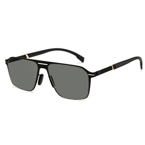 Men double bridge photochromic sunglasses matte black metal frame yellow photochromic lens, 21.1g ultra‑light no‑screw spring hinge no‑pinch fit
