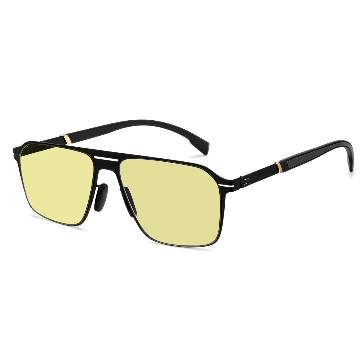 Men double bridge photochromic sunglasses matte black metal frame yellow photochromic lens, 21.1g ultra‑light no‑screw spring hinge no‑pinch fit