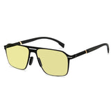 Men double bridge photochromic sunglasses matte black metal frame yellow photochromic lens, 21.1g ultra‑light no‑screw spring hinge no‑pinch fit