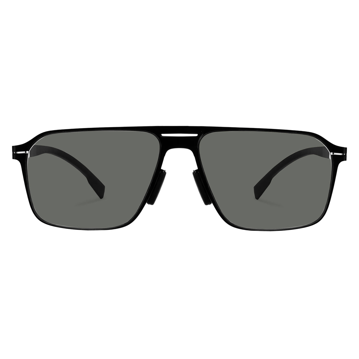 Men double bridge photochromic sunglasses matte black metal frame yellow photochromic lens, 21.1g ultra‑light no‑screw spring hinge no‑pinch fit