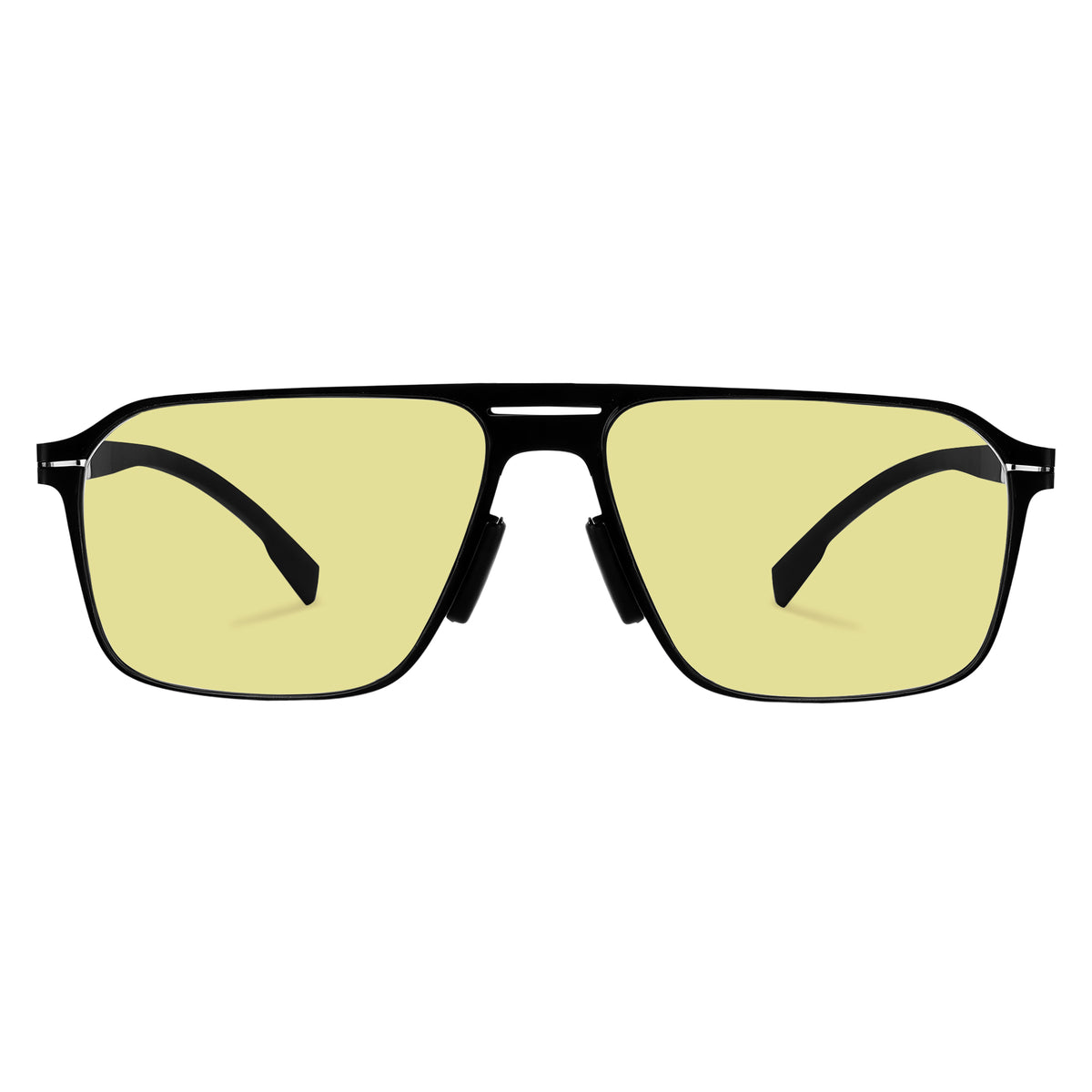 Men double bridge photochromic sunglasses matte black metal frame yellow photochromic lens, 21.1g ultra‑light no‑screw spring hinge no‑pinch fit メイン画像