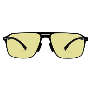 Men double bridge photochromic sunglasses matte black metal frame yellow photochromic lens, 21.1g ultra‑light no‑screw spring hinge no‑pinch fit