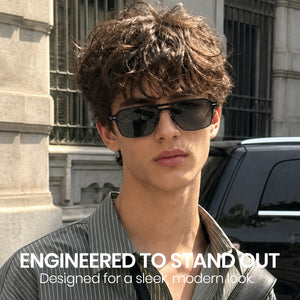 Men double bridge photochromic sunglasses matte black metal frame yellow photochromic lens, 21.1g ultra‑light no‑screw spring hinge no‑pinch fit