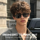 Men double bridge photochromic sunglasses matte black metal frame yellow photochromic lens, 21.1g ultra‑light no‑screw spring hinge no‑pinch fit