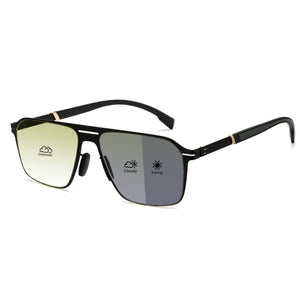 Men double bridge photochromic sunglasses matte black metal frame grey photochromic lens, 21.1g ultra‑light no‑screw spring hinge no‑pinch fit