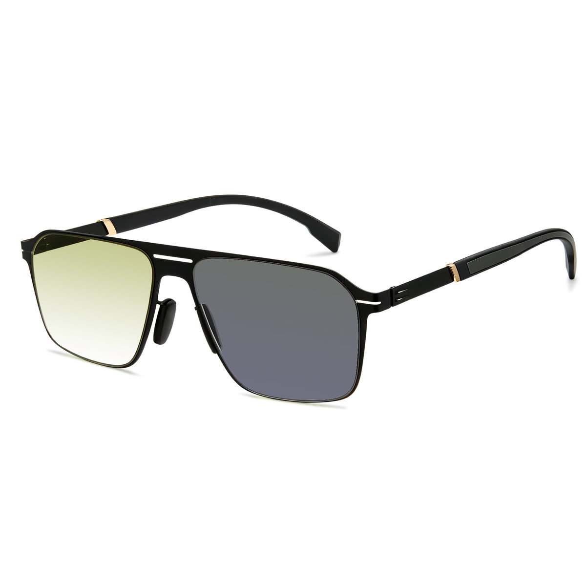 Men double bridge photochromic sunglasses matte black metal frame grey photochromic lens, 21.1g ultra‑light no‑screw spring hinge no‑pinch fit
