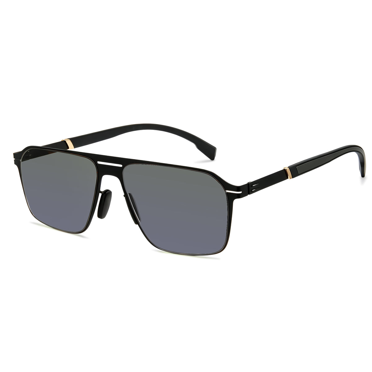 Men double bridge photochromic sunglasses matte black metal frame grey photochromic lens, 21.1g ultra‑light no‑screw spring hinge no‑pinch fit