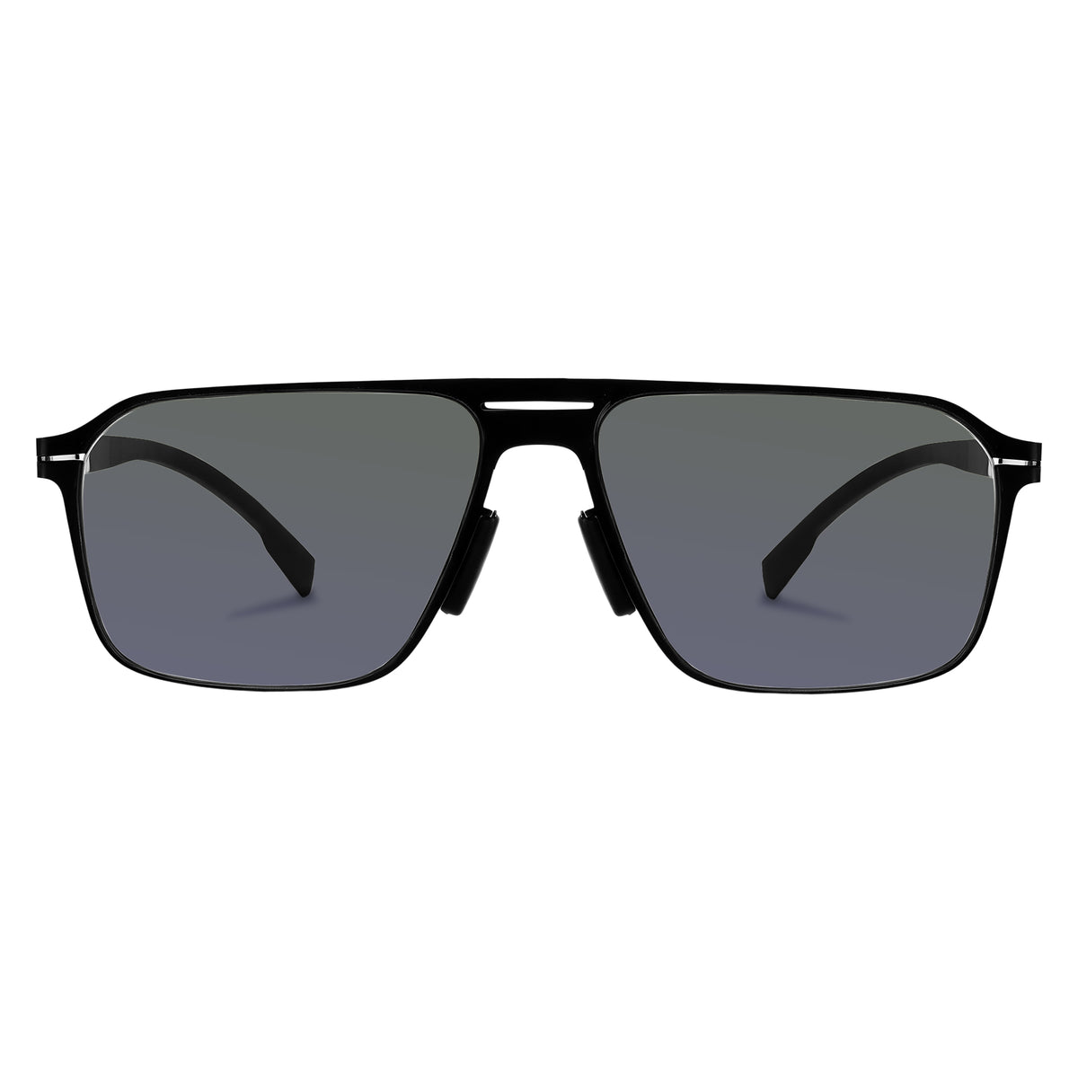 Men double bridge photochromic sunglasses matte black metal frame grey photochromic lens, 21.1g ultra‑light no‑screw spring hinge no‑pinch fit