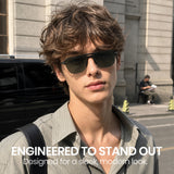 Men double bridge photochromic sunglasses matte black metal frame grey photochromic lens, 21.1g ultra‑light no‑screw spring hinge no‑pinch fit