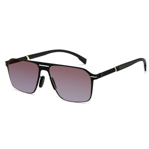 Men double bridge photochromic sunglasses matte black metal frame champagne photochromic lens, 21.1g ultra‑light no‑screw spring hinge no‑pinch fit