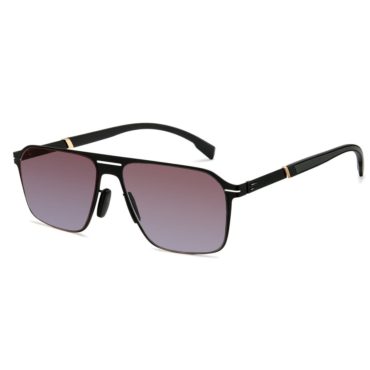 Men double bridge photochromic sunglasses matte black metal frame champagne photochromic lens, 21.1g ultra‑light no‑screw spring hinge no‑pinch fit