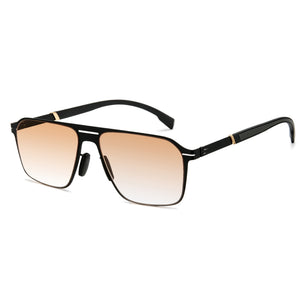 Men double bridge photochromic sunglasses matte black metal frame champagne photochromic lens, 21.1g ultra‑light no‑screw spring hinge no‑pinch fit