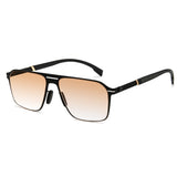 Men double bridge photochromic sunglasses matte black metal frame champagne photochromic lens, 21.1g ultra‑light no‑screw spring hinge no‑pinch fit