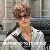 Men double bridge photochromic sunglasses matte black metal frame champagne photochromic lens, 21.1g ultra‑light no‑screw spring hinge no‑pinch fit