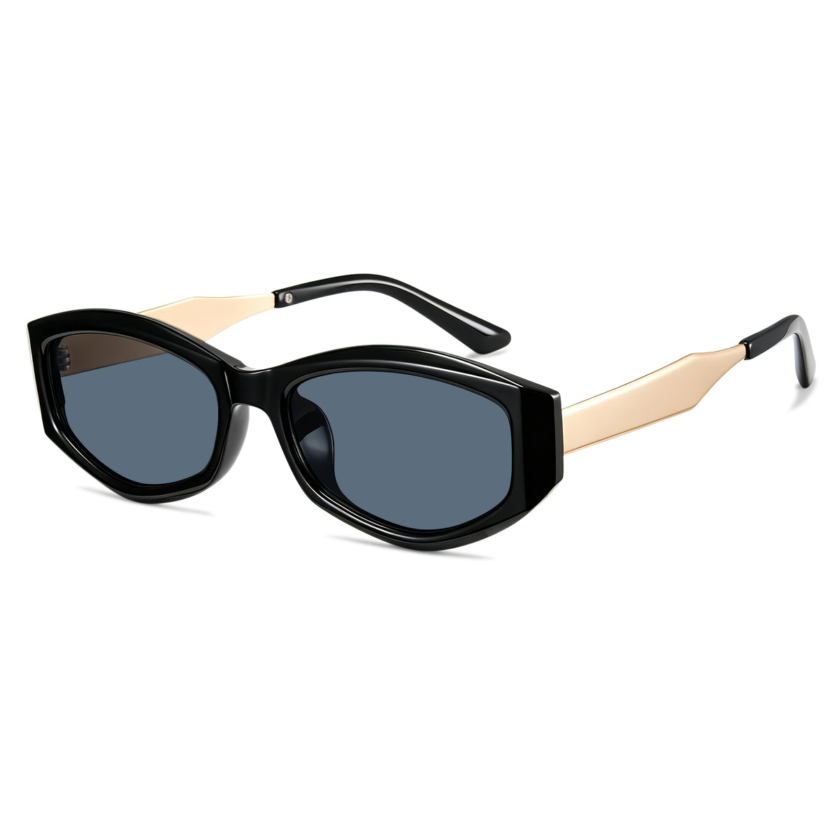 Black oval PC frame sunglasses with matty gold metal temples, non-polarized grey AC lens
