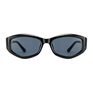 Black oval PC frame sunglasses with matty gold metal temples, non-polarized grey AC lens