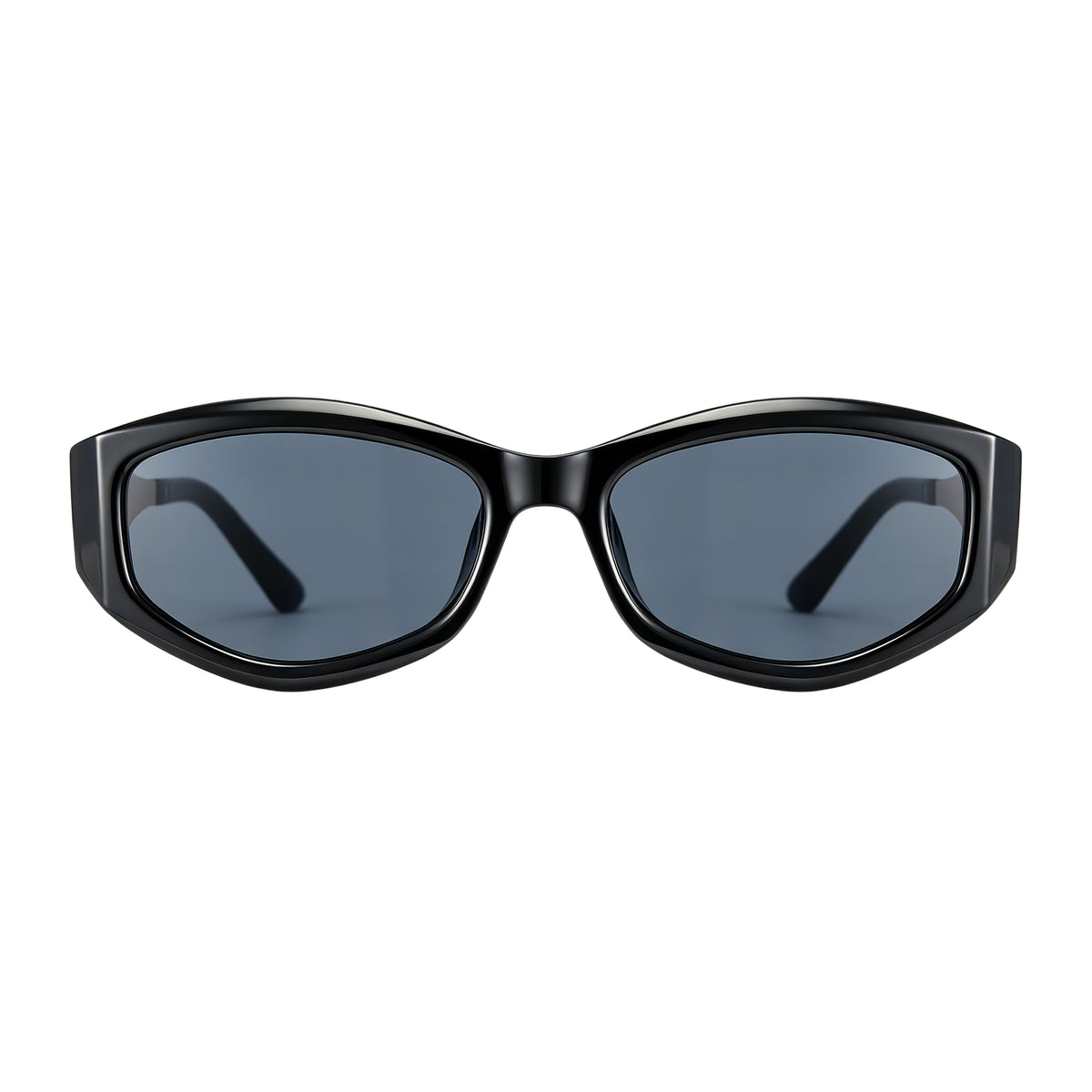 Black oval PC frame sunglasses with matty gold metal temples, non-polarized grey AC lens