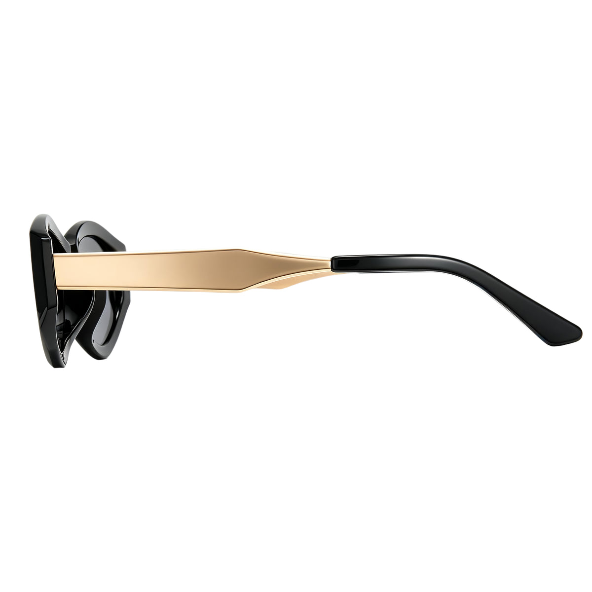 Black oval PC frame sunglasses with matty gold metal temples, non-polarized grey AC lens