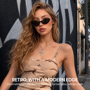 Black frame grey lens retro oval sunglasses on woman face, vintage non-polarized shades