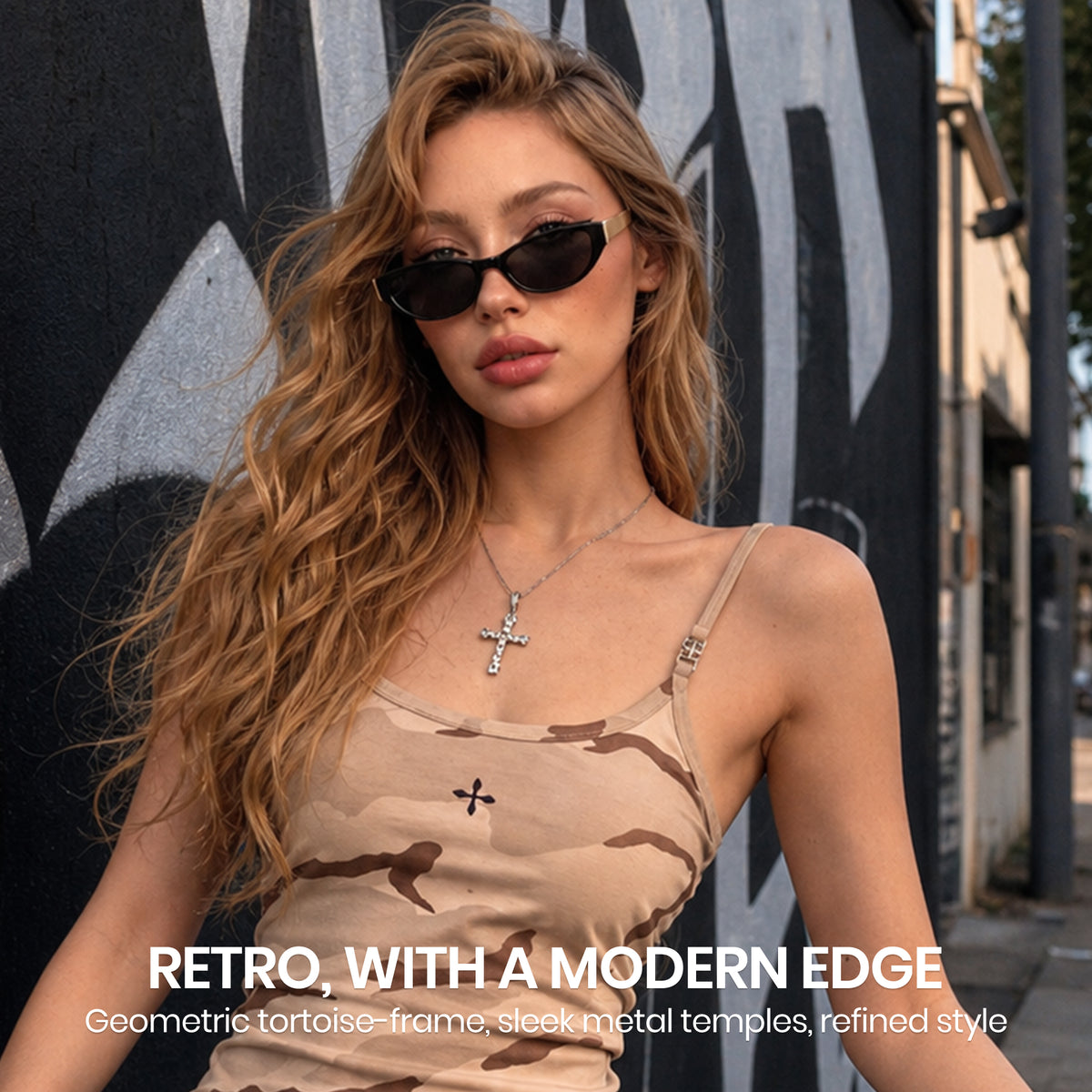 Black frame grey lens retro oval sunglasses on woman face, vintage non-polarized shades