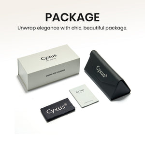 Cyxus eyewear packaging set on a white background, featuring a light gray presentation box, a black hard case, a black microfiber cloth, and a small white card, with the word 'PACKAGE' and a tagline above.