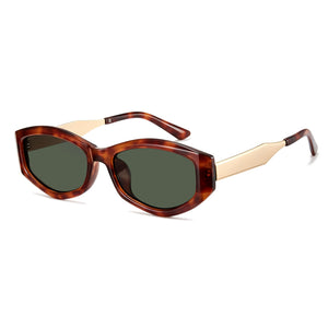 Tortoiseshell frame green lens vintage oval sunglasses on model, retro women shades