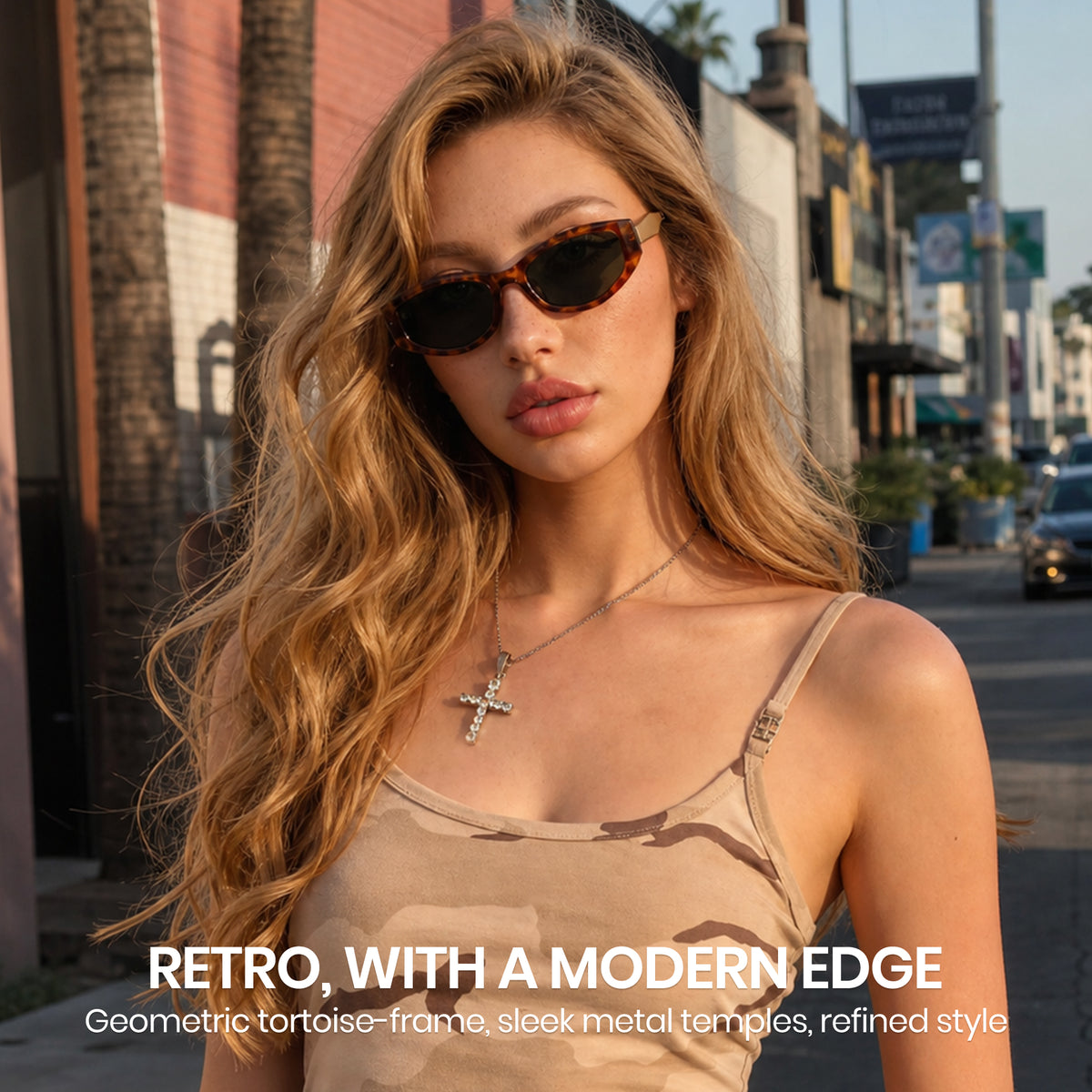 Woman in tortoiseshell oval sunglasses at park, retro vintage aesthetic