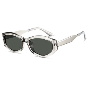 Smoke grey transparent oval frame sunglasses with green lens and matte silver metal temples