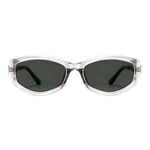 Smoke grey transparent oval frame sunglasses with green lens and matte silver metal temples
