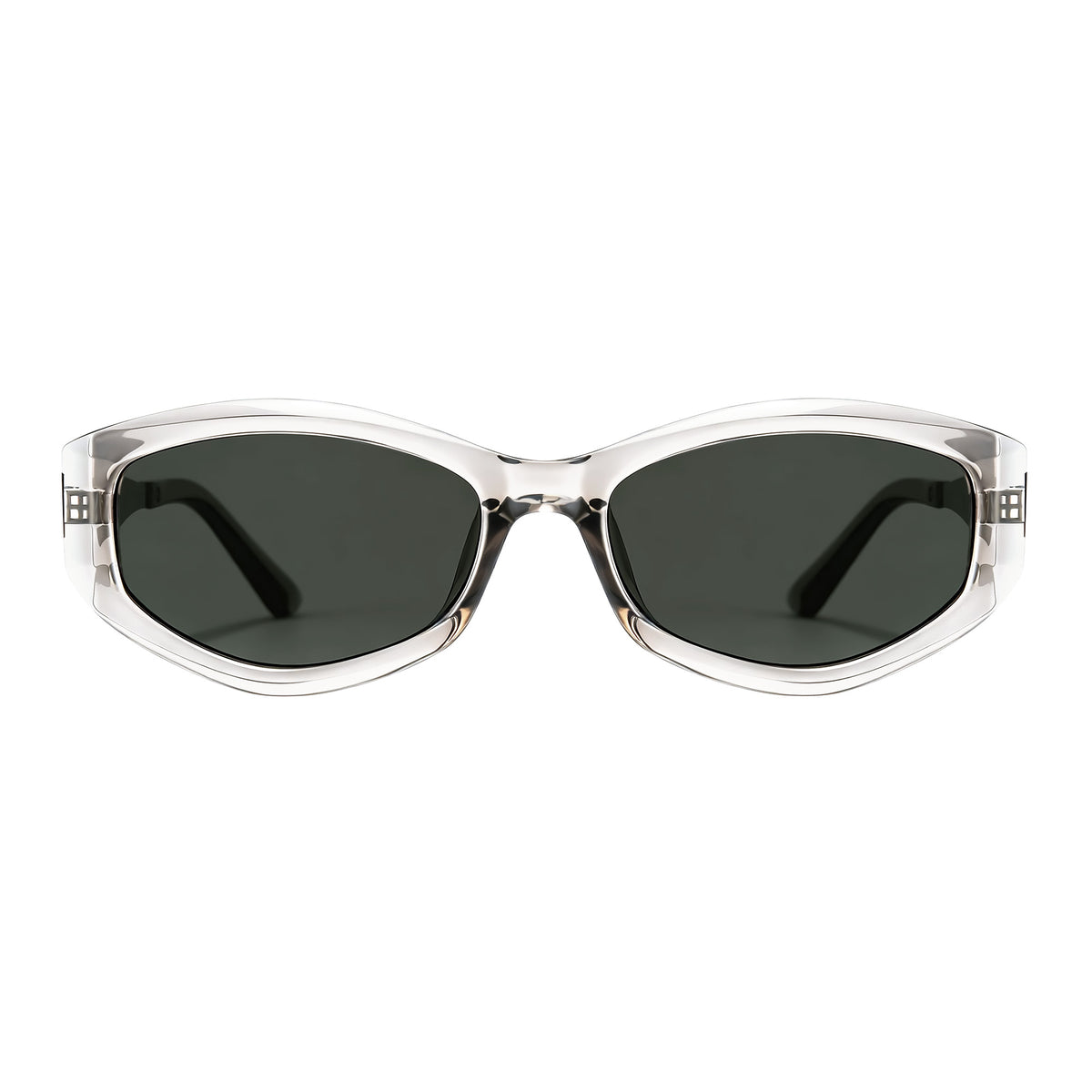Smoke grey transparent oval frame sunglasses with green lens and matte silver metal temples