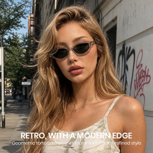 Transparent grey crystal frame green lens oval sunglasses on model, cool vintage shades