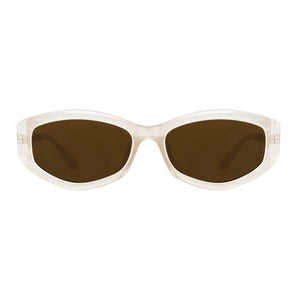 Crystal pink transparent oval PC frame with tea tone lens and matte gold temples