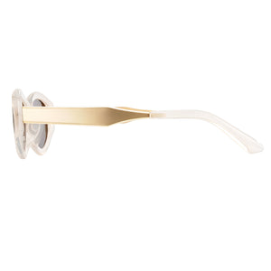 Crystal pink transparent oval PC frame with tea tone lens and matte gold temples