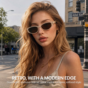 Transparent pink crystal frame tea lens oval sunglasses on woman, soft vintage pastel shades