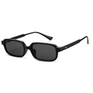 Glossy black square sunglasses, grey non-polarized lens, lightweight PC frame